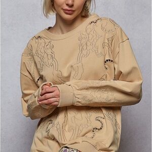 POL Round Neck French Terry Embroidered Sweatshirt with Cutout Detail